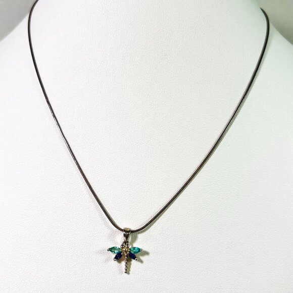 Sterling Necklace Italian 925 17" Snake Chain Dragonfly Pendant Faux Gemstones - Picture 1 of 6